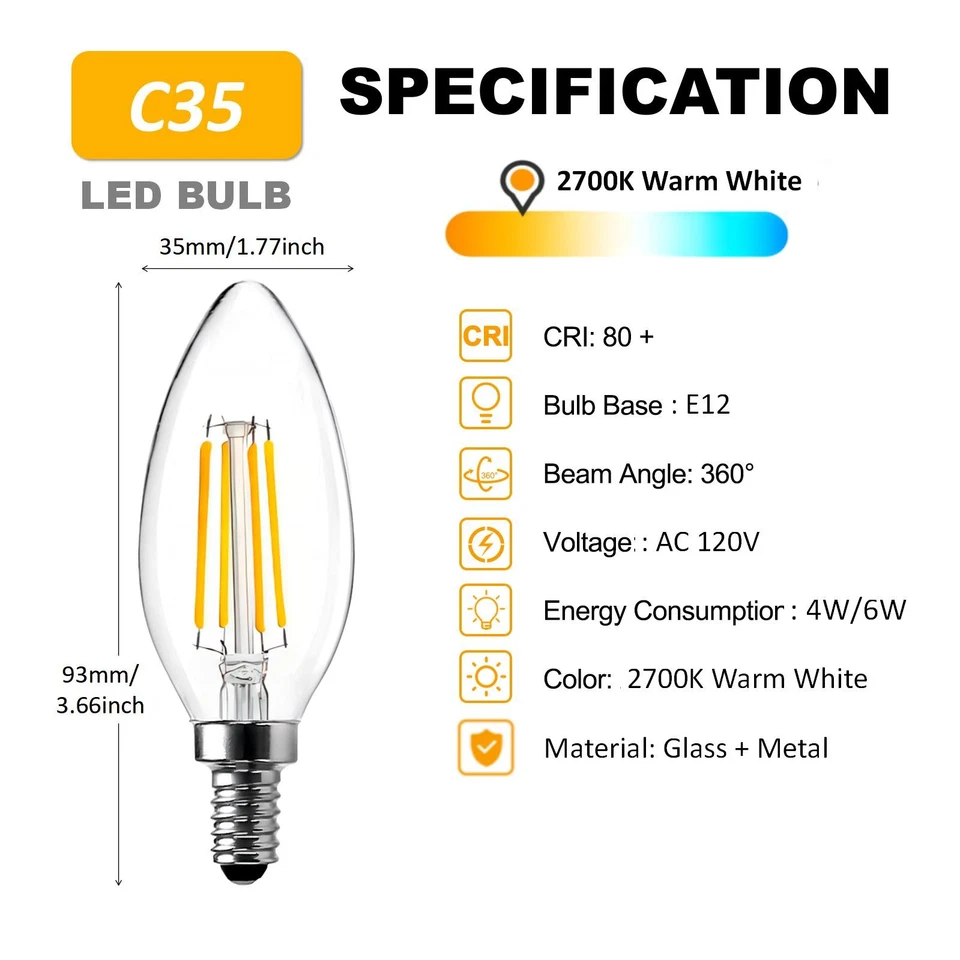 BRIMAX 6-24Pack E12 LED Light Bulb 4W (40W Equivalent) Dimmable Candelabra Bulbs - Image 3 of 4