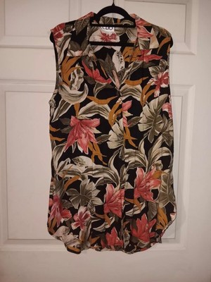 Cĺio Sleeveless Tropical Print Button-down Blouse Sz M Made In USA