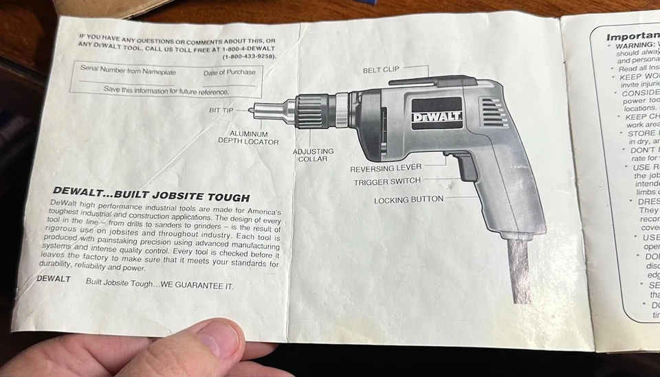 Destornillador para paneles de yeso DeWalt DW250 VSR tipo 1 manual de instrucciones Foto 2 de 3