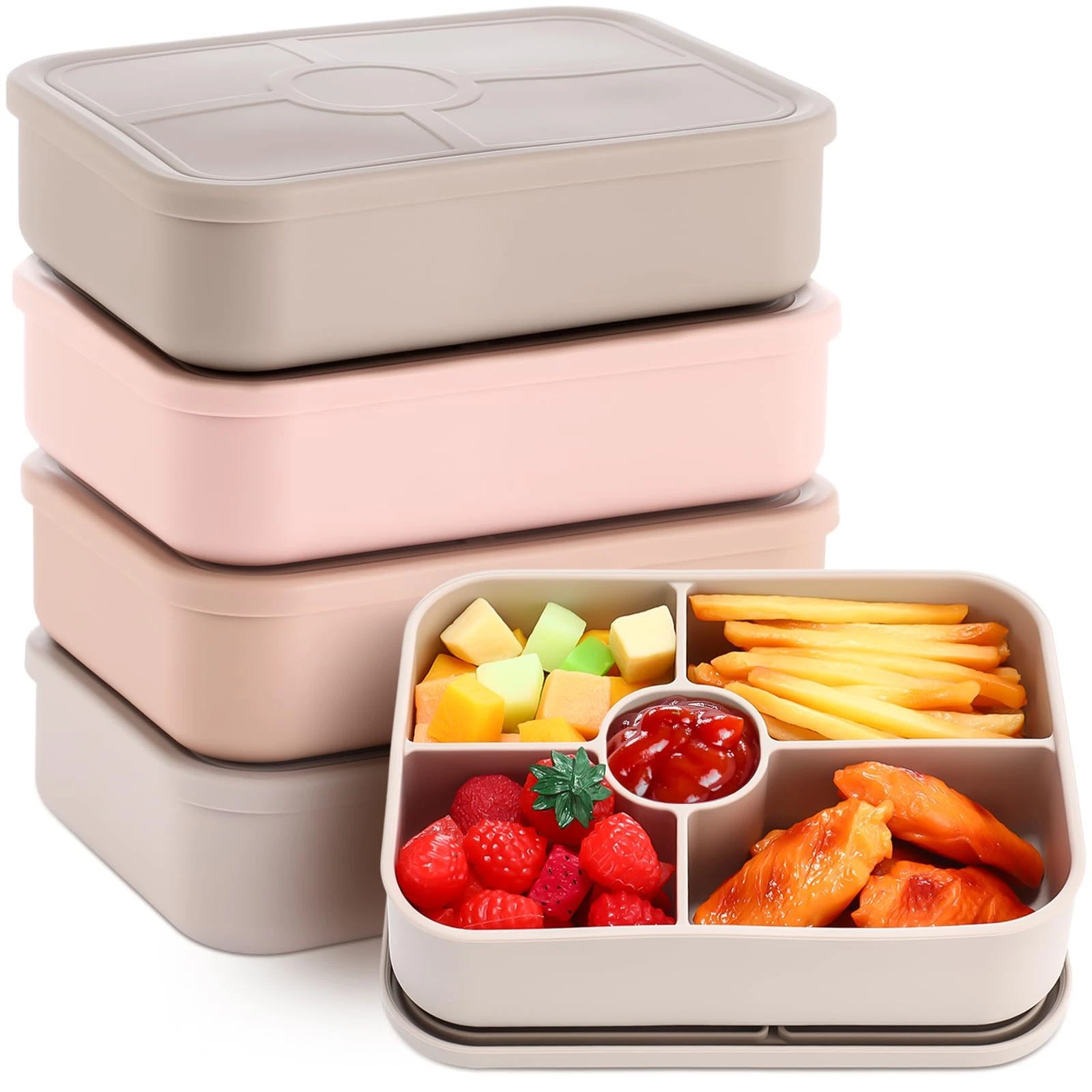 4 Pack Silicone Bento Boxes for Adults, 5 Compartment Reusable Lunch Containe...