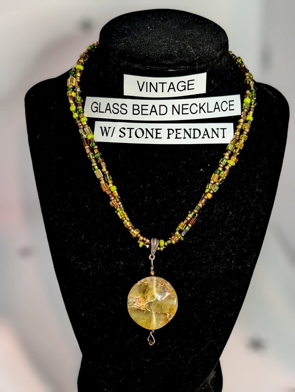 Vintage Glass Bead Necklace With Natural Stone Pendant Green Brown Boho 18”