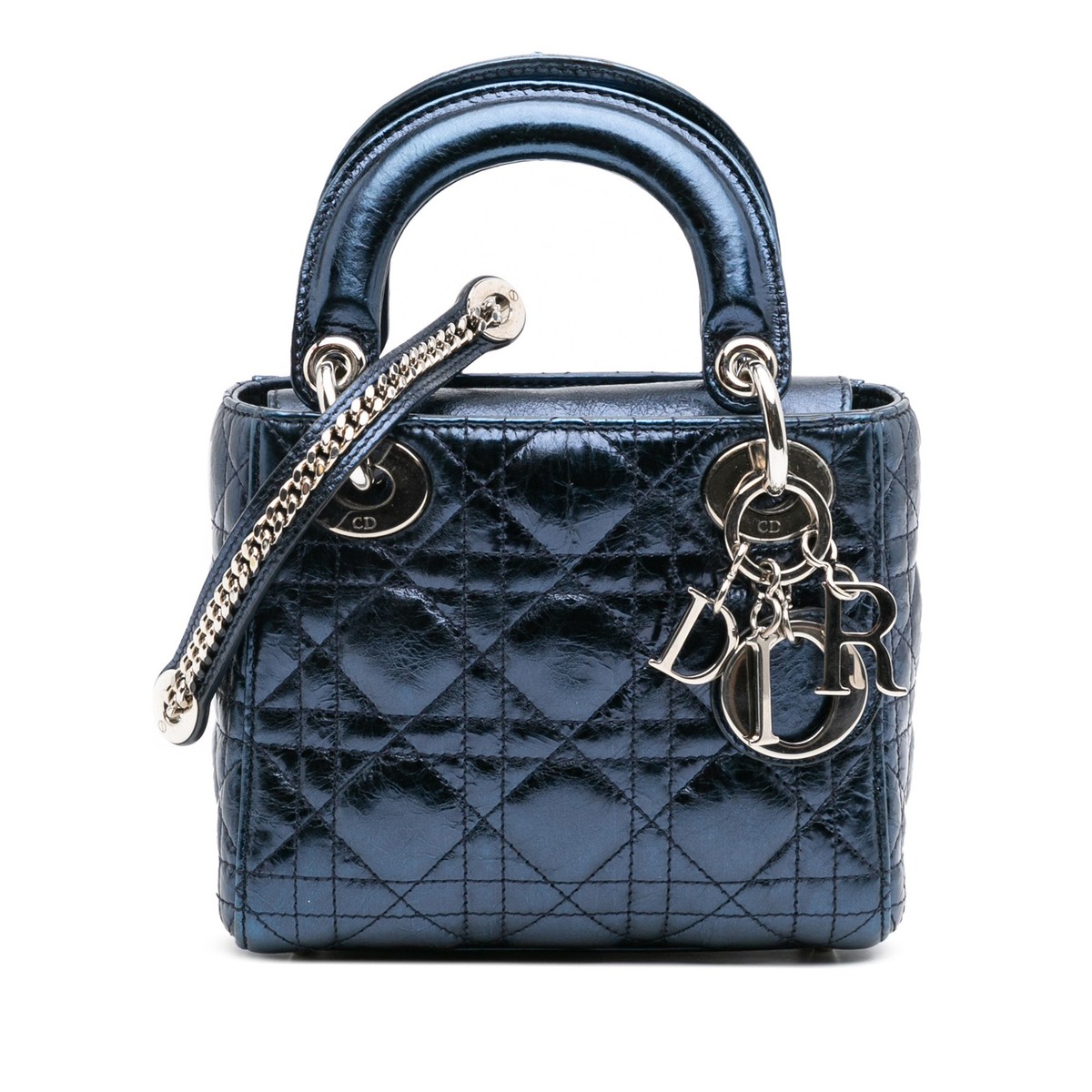 Authenticated Dior Mini Crinkled Calfskin Cannage Lady Dior Blue