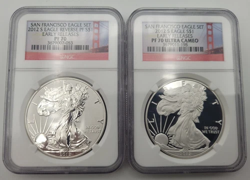 2012 S REVERSE PROOF SILVER EAGLE NGC PF70 & PF70 2 COIN SAN FRANCISCO SET