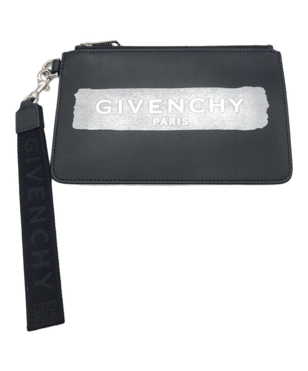 GIVENCHY Mini Pouch Clutch Bag Card Case Wristlet Strap Nylon Leather Black