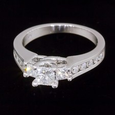 One Carat Three Stone Princess cut and Round Diamond Ring 14k White Gold .95 ct