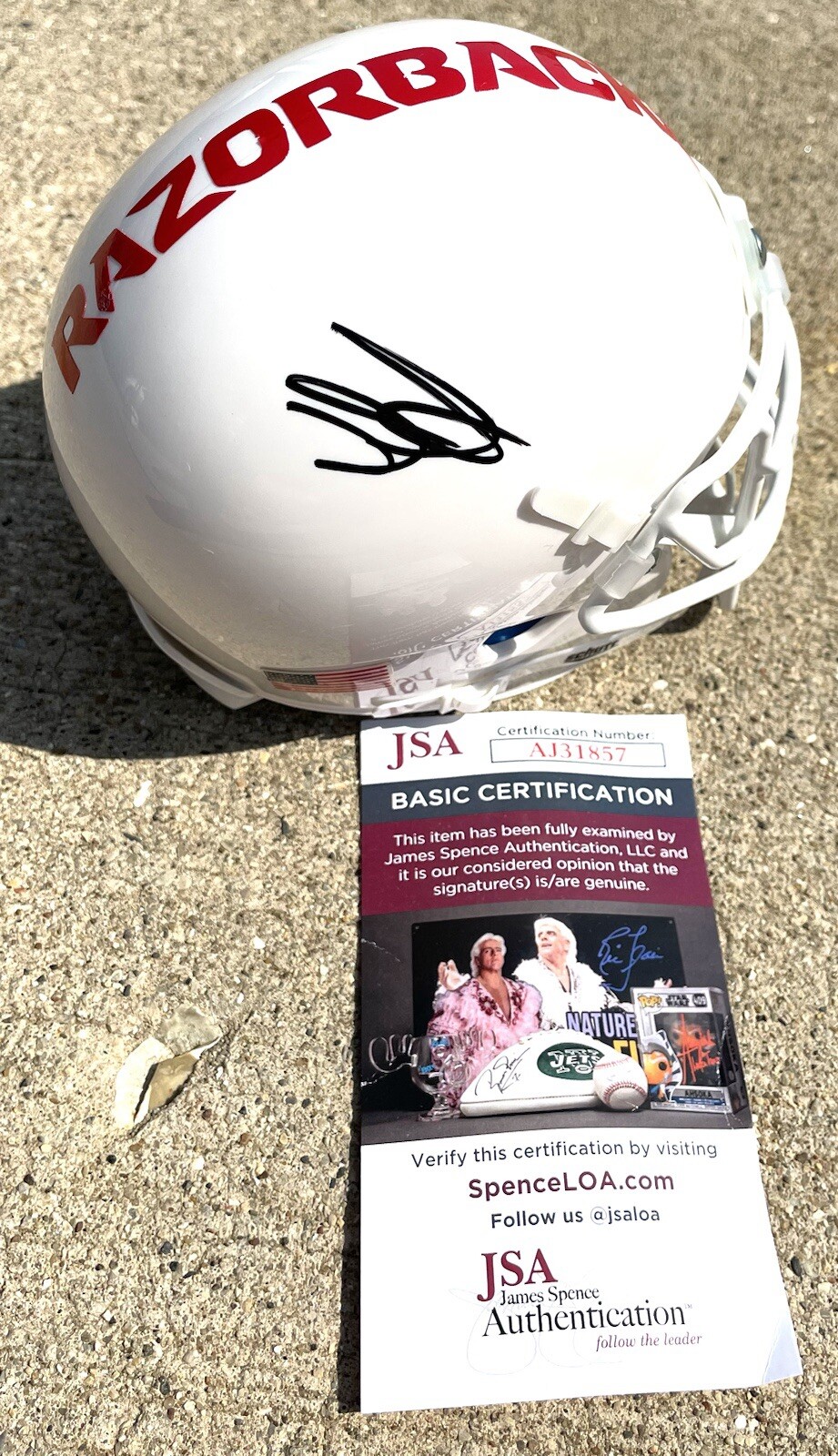 DREW SANDERS Arkansas Razorbacks SIGNED White Mini Helmet JSA COA 