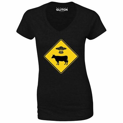 UFO Cow Abduction Sign Womens T-Shirt - V-Neck Funny Caution Warning Aliens