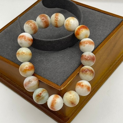 Burmese Jade Bracelet Jadeite White Salmon Orange Strips Beads Size 13.5 mm - Picture 2 of 7