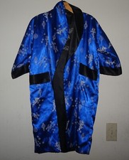 Vintage Asian Silk Reversible Kimono Robe Embroidered Dragon Black Blue XXL