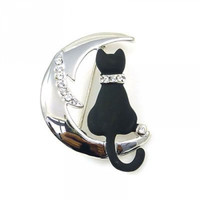 Brooches Store Swarovski Crystal Black Cat & Moon Brooch Brooches Store Swarovski Crystal Black Cat & Moon Brooch