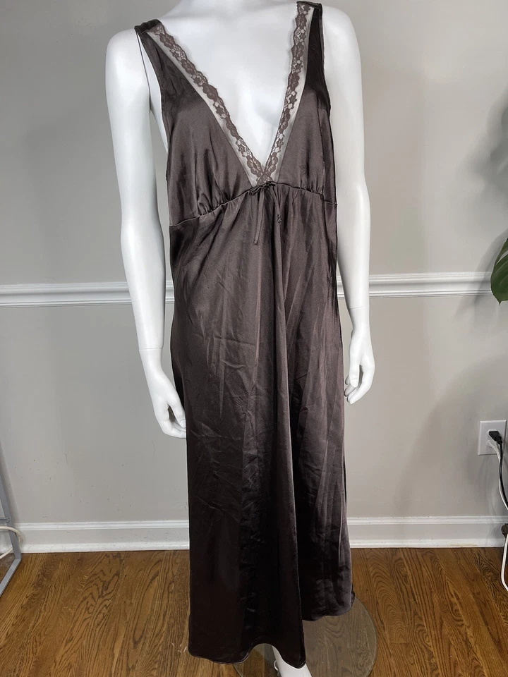 Винтажная женская средняя кружевная макси длинная атласная сексуальная сорочка ночная рубашка Jones глубокий V - Изображение 2 из 4