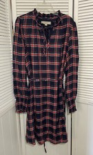 Loft Womens Shirt Dress Sz M Blue Red Multi Plaid Belted Lined Smocked Long Slv