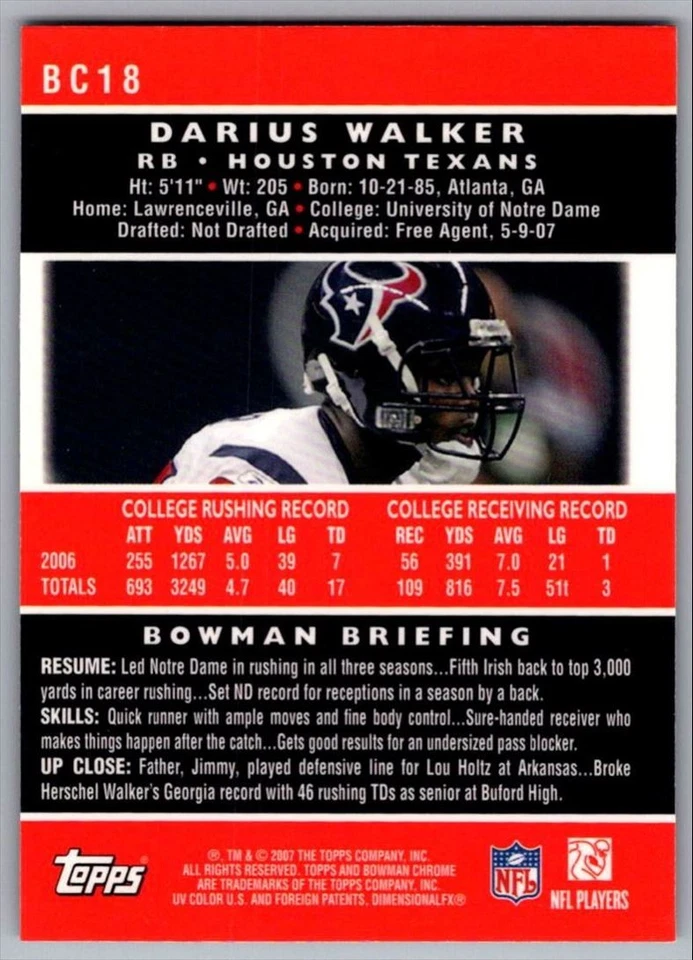 2007 Topps Chrome Darius Walker Rookie Houston Texans #TC188 - Image 2 of 2