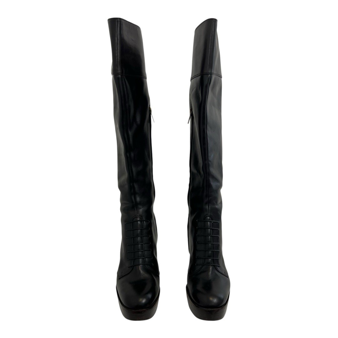 Stivali stiletto YSL Yves Saint Laurent plateau 37 5 pelle nera al ginocchio