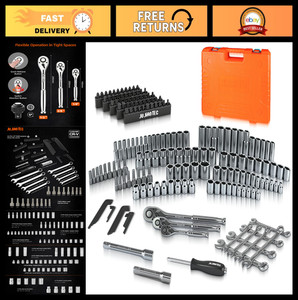 201-Piece Mechanics Tool Set, SAE & Metric Sockets, Ratchet Wrench, CRV Steel, C