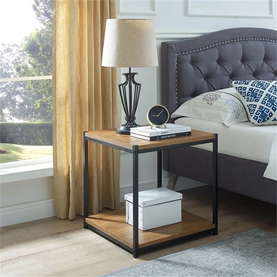 Caffoz 21" Tall Wood/Metal Side End Table with Storage Shelf in Mahogany Brown - Image 4 of 4