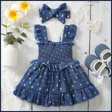 3-24Months Infant Baby Girl Golden Dot Slip Blue Dress Toddler Girl Summer