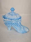Fenton White and Blue Slag Glass Hobnail Slipper with Matching Lid Vintage
