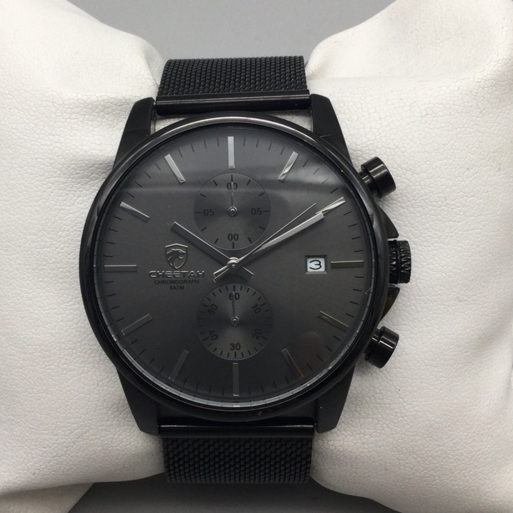 Cheetah Chronograph Watch Mens 44mm Black Stainless Steel Mesh