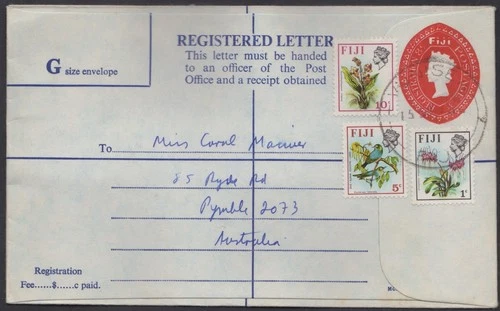 Fiji QE2 3c/8c embossed registered letter uprated 1+5+10c, used “VUNISEA"