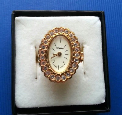 Vintage Ringuhr RAVISA Swiss Made Ring mit Uhr Handaufzug vergoldet Steine läuft - Bild 1 von 4