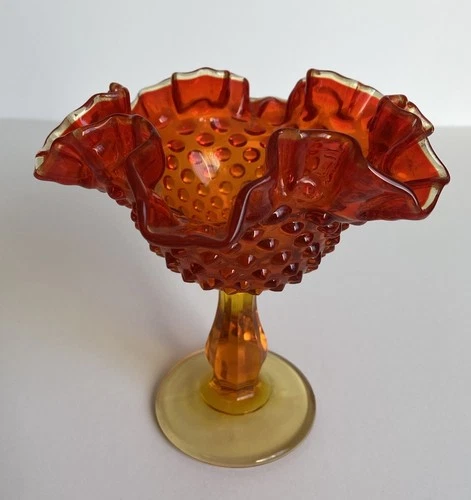 Vtg Fenton Hobnail Amberina Art Glass Compote Ruffled Edge-Glows! Fenton Sticker