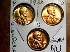 Lustrous RED Cartwheel Gem+ Brilliant Unc. 1938PDS Lincoln Penny Year Set L1