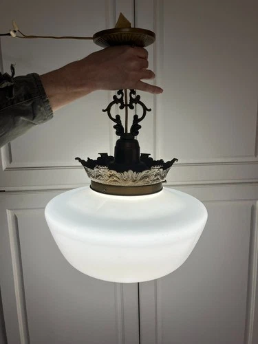ANTIQUE 1930's SCHOOL HOUSE PENDANT LAMP LIGHT MILK GLASS 13" GLOBE BRASSFIXTURE