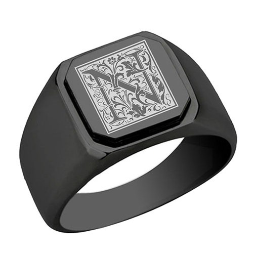 Floral Monogram Letter N Stainless Steel Signet Ring, Stainless Steel Initial... - Picture 1 of 4