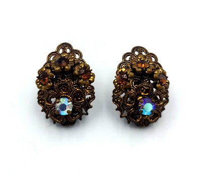 Vintage W. GERMANY or Czech Filigree Aurora borealis Rhinestone Clip Earrings