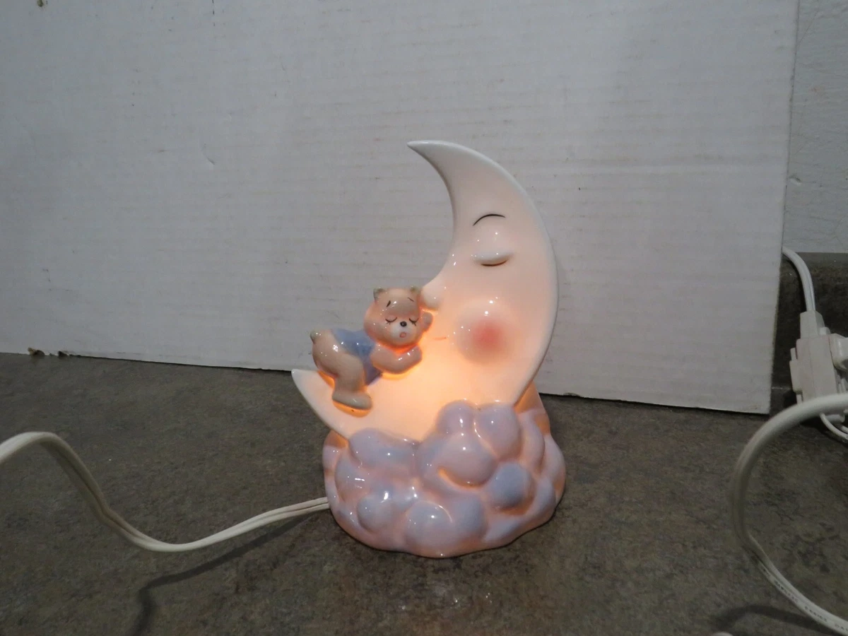 Vintage Teddy Bear Crescent Moon Night Light Porcelain Ceramic Lamp