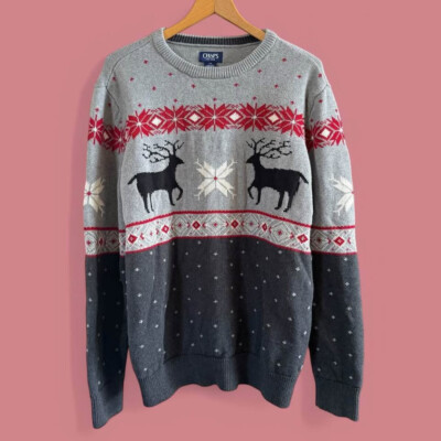 Men s Chaps Brand Gray Red White Winter Theme Deer Fair Isle Sweater-Size Large