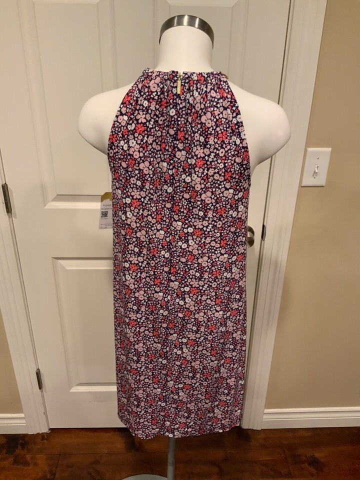 Michael Kors Navy W/ Pink & White Floral Pattern & Gold Chain Dress