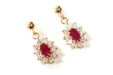 9ct Gold Ruby and CZ Cluster Drop earrings Made in UK Gift Boxed