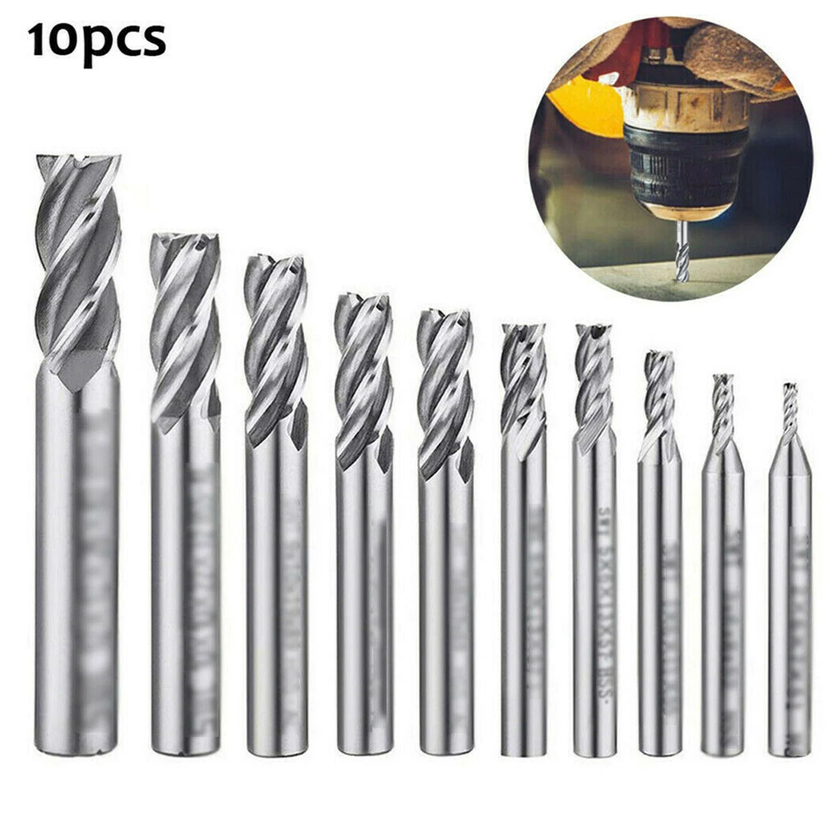 10pcs 4 Flute End Mill Bits HSS CNC Shank Drill Bits Cutter for