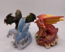 3 Mythical Dragons Red Blue Green Figurines