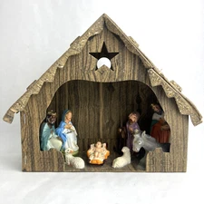 Vintage Christmas Nativity Manger Stable & Attached Baby Jesus Mary Joseph