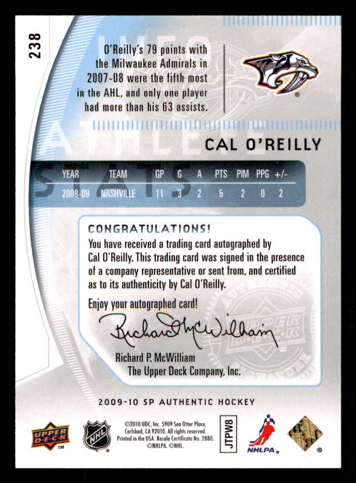 2009-10 SP Authentic #238 Cal O'Reilly AU RC /999 (ref 239863) - Image 2 of 2