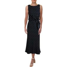 Ralph Lauren 250717485002 Navy Polka Dot Stretch Crepe Midi Dress, 8R - $160