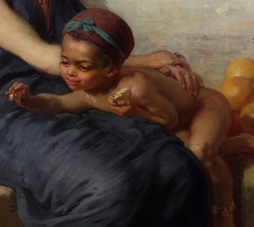 Guido Bach Huge Fine Antique Orientalist Oil Painting Woman Child Birds Signed - 第 5/12 張圖片