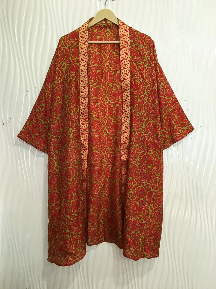 Bata kimono midi de seda pura hasta la rodilla vestido kimono de seda verde MKMO2202 Foto 2 de 4