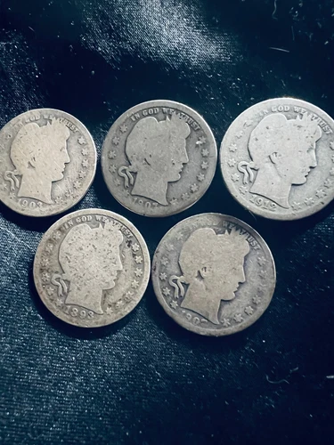 Barber Quarter Lot of 5 Coins 90% Silver  US money dates readable precious metal