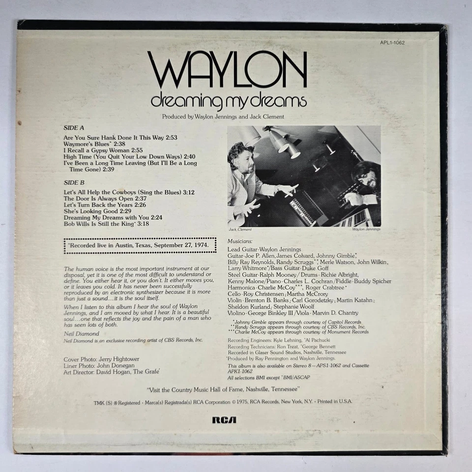 Waylon - Dreaming My Dreams 12" Record 1975 RCA Country Stereo 33 RPM - Image 2 of 2