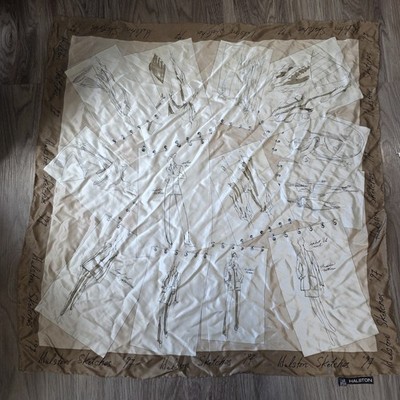 Vtg Halston Sketches 1997 Fashion Silk Square Scarf Womens Tan