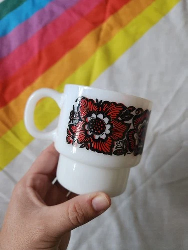 Vintage MCM Flower Power White Milk Glass Red Floral Stacking Coffee Cup Mug Tea