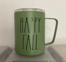 NEW Rae Dunn HAPPY FALL Green Insulated Stainless Steel Travel Mug Handle