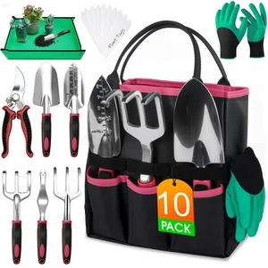 10-Piece Ensemble d'outils de jardinage robustes avec fourre-tout de rangement, résistant à la rouille