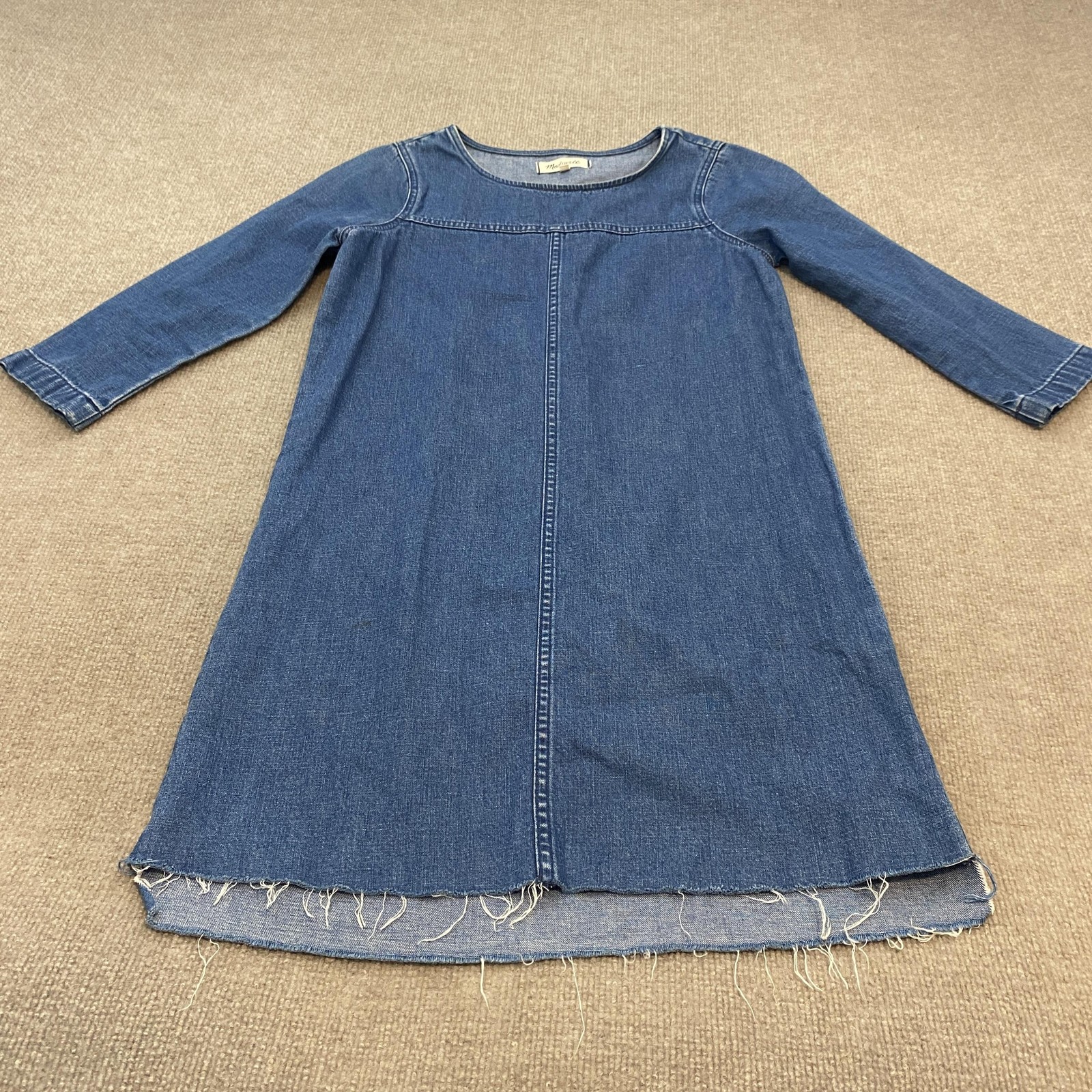 Madewell Dress Womens XS Blue Denim 3/4 Sleeve Shift Fringe Hem Cotton Linen