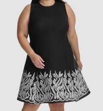 DKNY Women's Black Round-Neck Embroidered-Hem Fit-Flared Dress Plus Size 16W