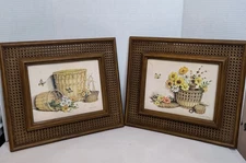 Vintage CLAUDESSA CARTER PRINTS BUTTERFLY & FLOWERS FRAMED Wicker Look 15x13"
